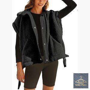 Oversized Sherpa Fleece Vest Women's Warm Button Down Gilet with Pockets